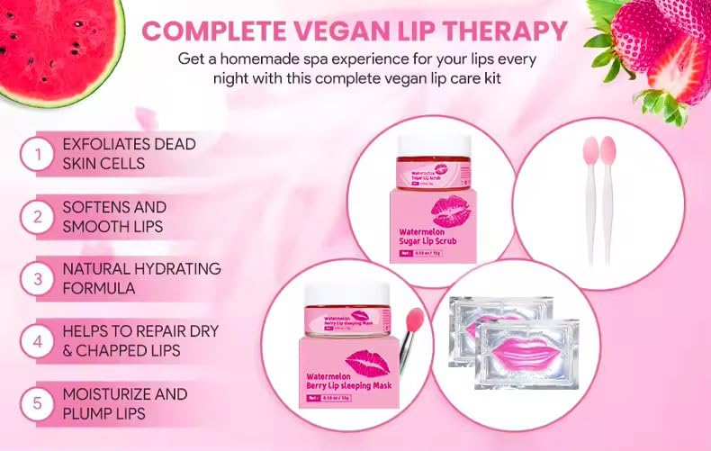 5-in-1 lip care kit, Lip scrub set with watermelon and strawberry lip sleeping mask, brush, sugar scrub,lip masks to Nourish and Moisturize Lip (5)