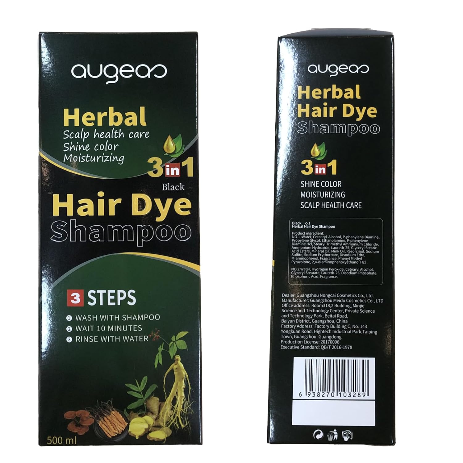 Instant Herbal Hair Coloring Shampoo for Grey Hair, 16.9 Fl Oz, For Women & Men, 3 in 1 Hair Black Dye Shampoo, Ammonia-Free