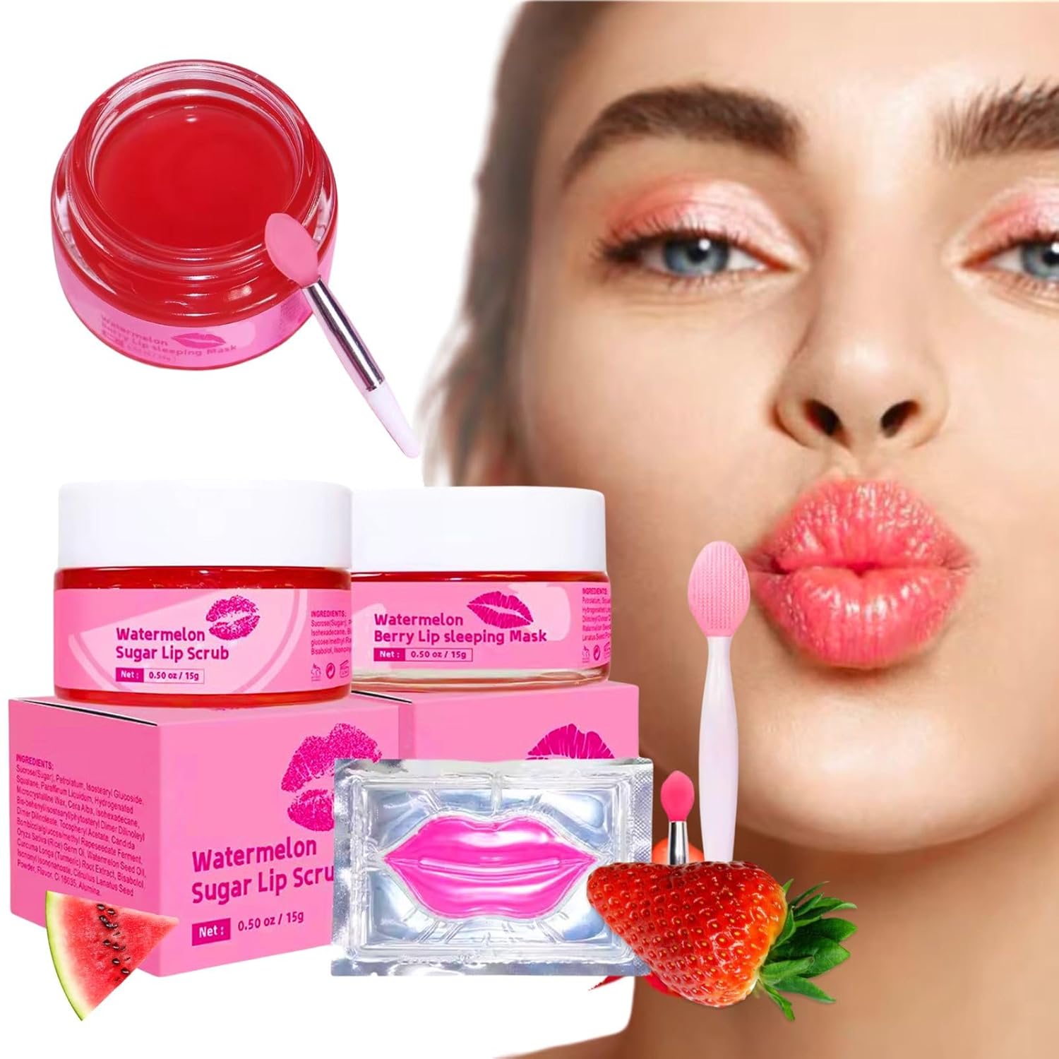 5-in-1 lip care kit, Lip scrub set with watermelon and strawberry lip sleeping mask, brush, sugar scrub,lip masks to Nourish and Moisturize Lip (5)