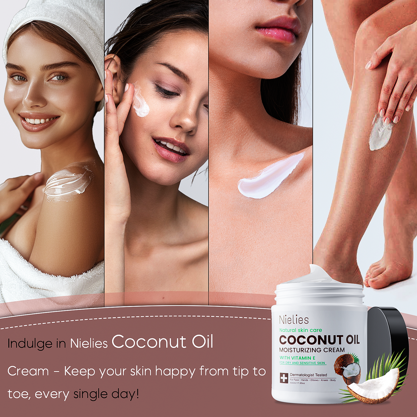 Nielies Coconut Oil Cream. Spa size 500ML Coconut Oil Moisturizing Cream, Coconut Oil Lotion for Skin, Face, Hands, Hair. Intense Hydration For Dry skin