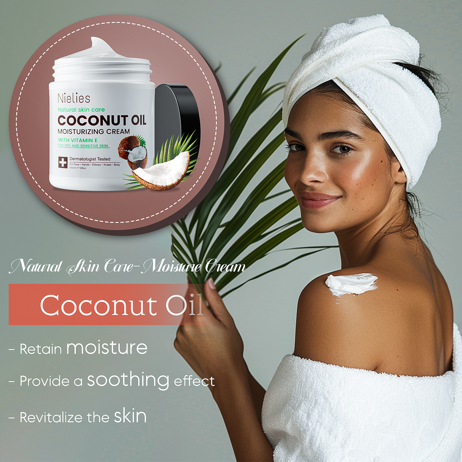 Nielies Coconut Oil Cream. Spa size 500ML Coconut Oil Moisturizing Cream, Coconut Oil Lotion for Skin, Face, Hands, Hair. Intense Hydration For Dry skin