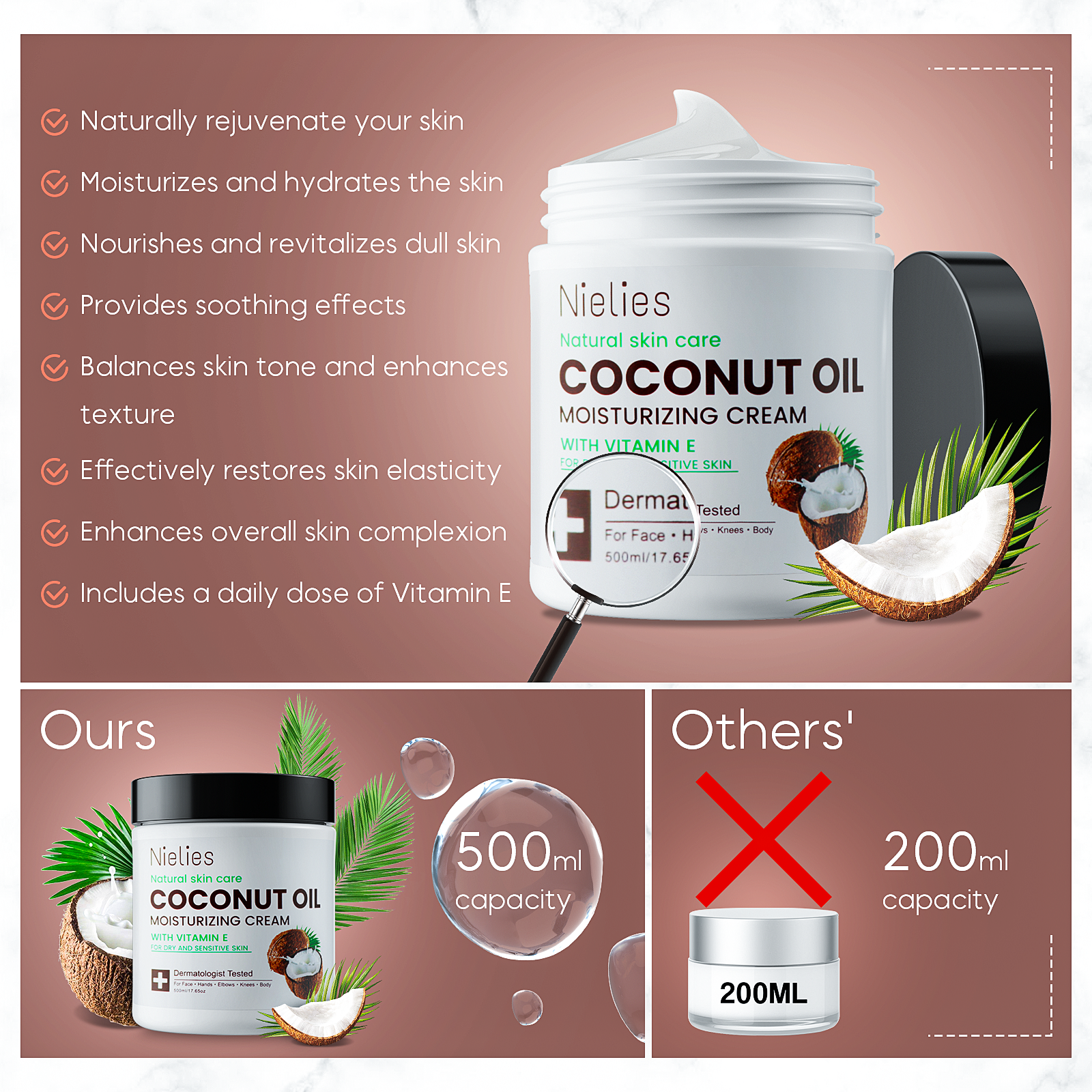 Nielies Coconut Oil Cream. Spa size 500ML Coconut Oil Moisturizing Cream, Coconut Oil Lotion for Skin, Face, Hands, Hair. Intense Hydration For Dry skin