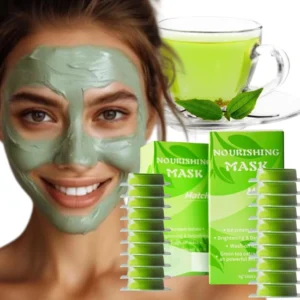 Green tea clay mask sachet with green tea leaves